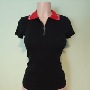 Black And Red 90s Reproduction Collared Short Sleeve Shirt With O Ring Zipper SM